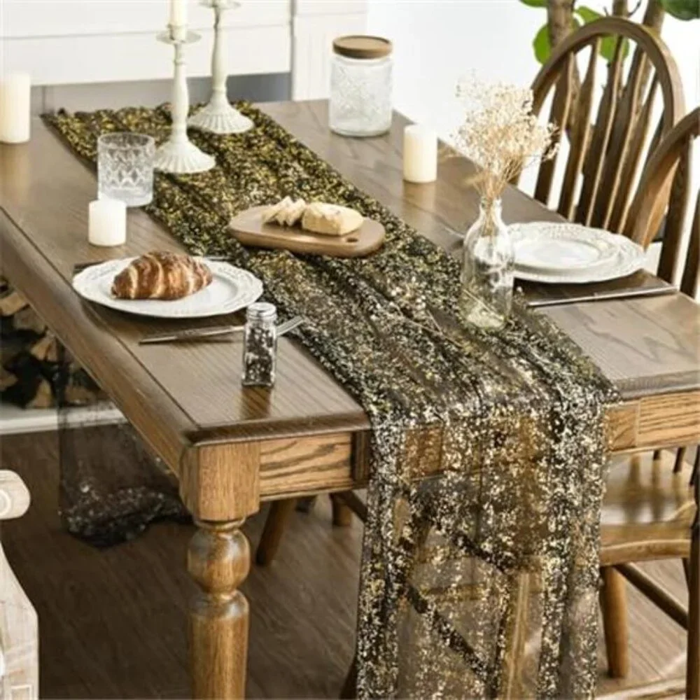 black gold table runner 120 inch sheer gauze glitter foil wedding party decor